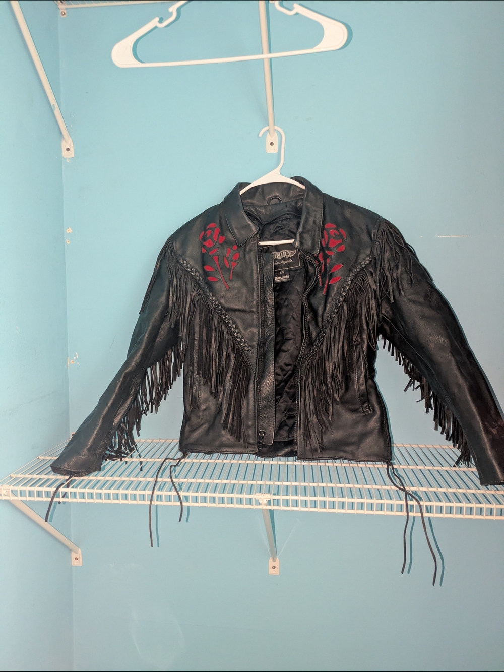 Unik Black Leather Fringe Jacket with Red Floral Embroidery